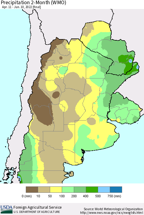 Southern South America Precipitation 2-Month (WMO) Thematic Map For 4/11/2022 - 6/10/2022