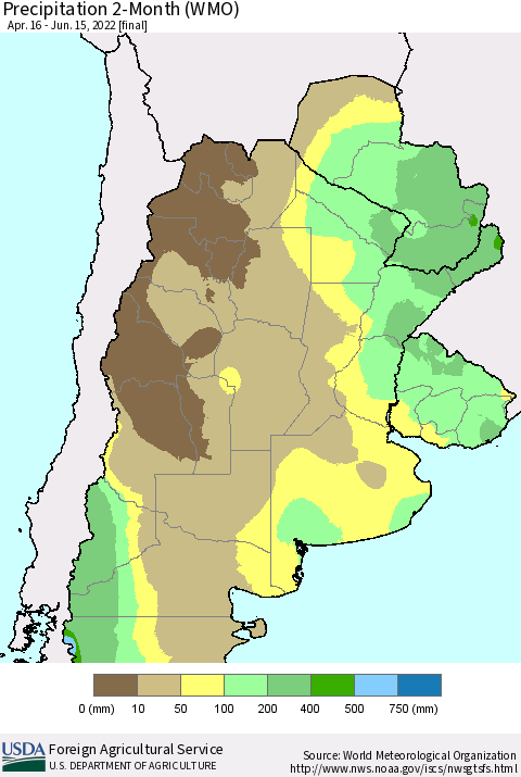 Southern South America Precipitation 2-Month (WMO) Thematic Map For 4/16/2022 - 6/15/2022