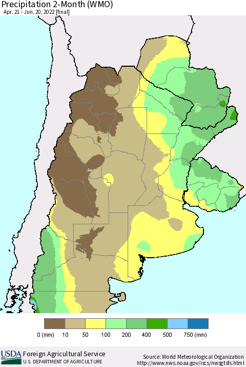 Southern South America Precipitation 2-Month (WMO) Thematic Map For 4/21/2022 - 6/20/2022