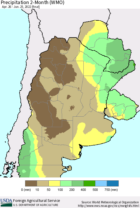 Southern South America Precipitation 2-Month (WMO) Thematic Map For 4/26/2022 - 6/25/2022