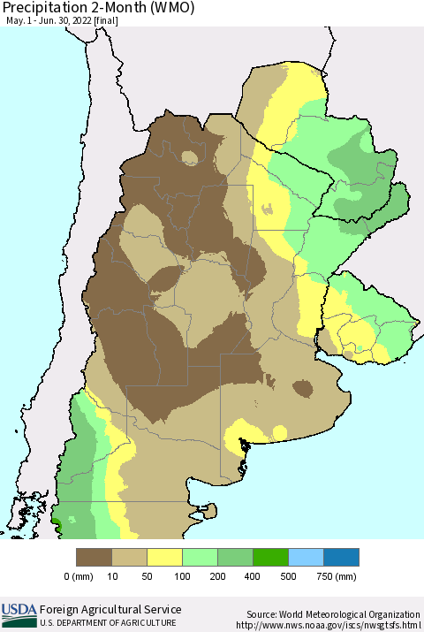 Southern South America Precipitation 2-Month (WMO) Thematic Map For 5/1/2022 - 6/30/2022
