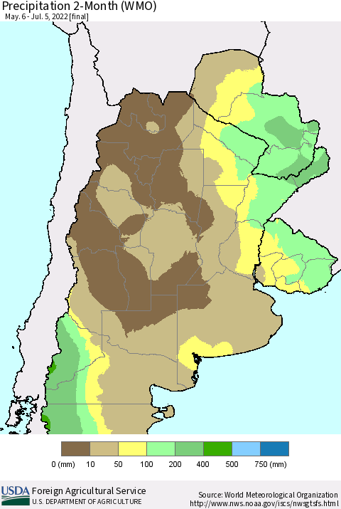 Southern South America Precipitation 2-Month (WMO) Thematic Map For 5/6/2022 - 7/5/2022