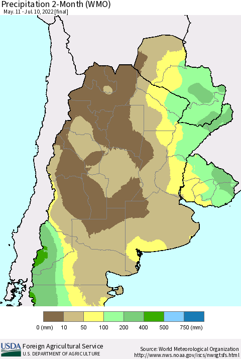 Southern South America Precipitation 2-Month (WMO) Thematic Map For 5/11/2022 - 7/10/2022
