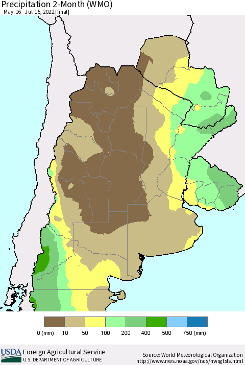 Southern South America Precipitation 2-Month (WMO) Thematic Map For 5/16/2022 - 7/15/2022
