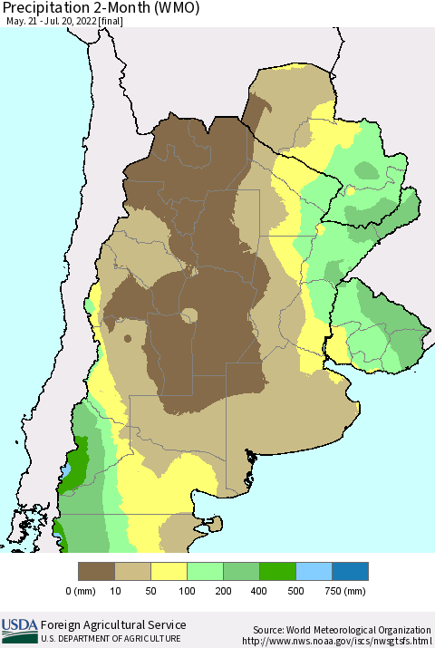 Southern South America Precipitation 2-Month (WMO) Thematic Map For 5/21/2022 - 7/20/2022
