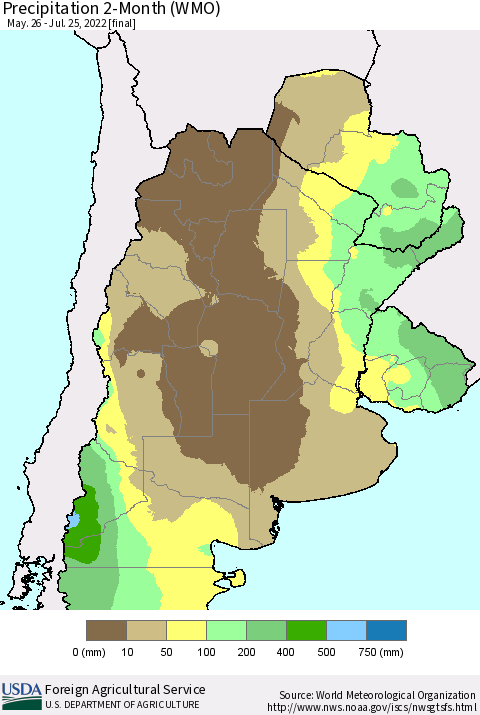 Southern South America Precipitation 2-Month (WMO) Thematic Map For 5/26/2022 - 7/25/2022