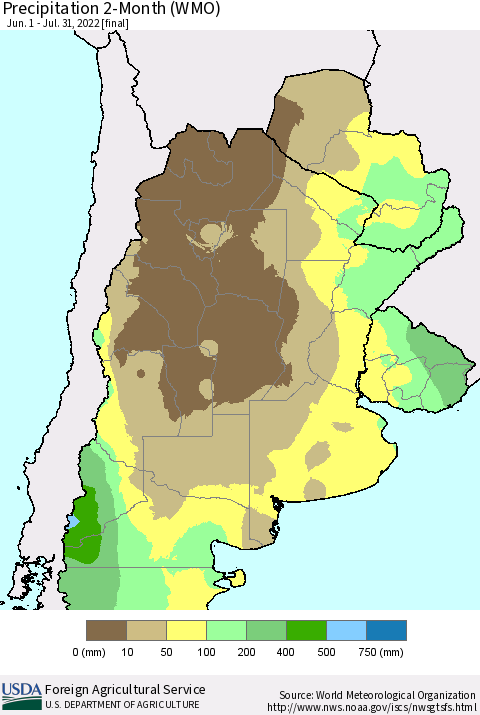 Southern South America Precipitation 2-Month (WMO) Thematic Map For 6/1/2022 - 7/31/2022