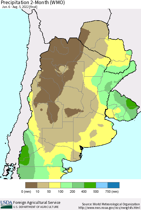 Southern South America Precipitation 2-Month (WMO) Thematic Map For 6/6/2022 - 8/5/2022