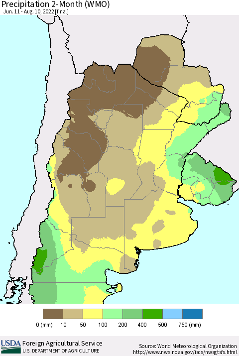 Southern South America Precipitation 2-Month (WMO) Thematic Map For 6/11/2022 - 8/10/2022
