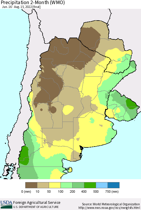 Southern South America Precipitation 2-Month (WMO) Thematic Map For 6/16/2022 - 8/15/2022