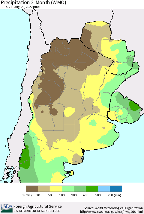 Southern South America Precipitation 2-Month (WMO) Thematic Map For 6/21/2022 - 8/20/2022