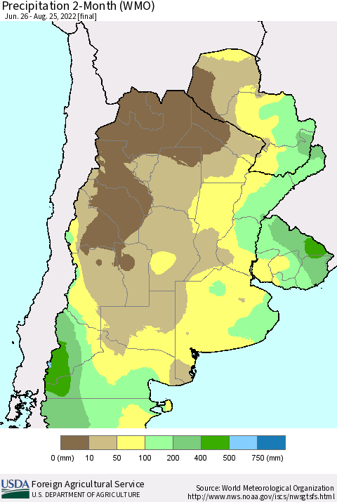 Southern South America Precipitation 2-Month (WMO) Thematic Map For 6/26/2022 - 8/25/2022