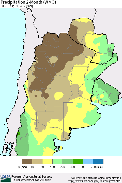 Southern South America Precipitation 2-Month (WMO) Thematic Map For 7/1/2022 - 8/31/2022