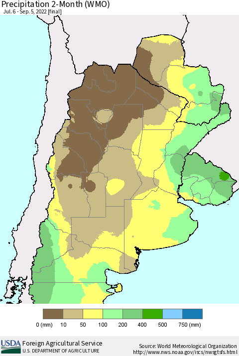 Southern South America Precipitation 2-Month (WMO) Thematic Map For 7/6/2022 - 9/5/2022
