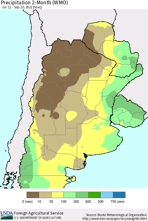 Southern South America Precipitation 2-Month (WMO) Thematic Map For 7/11/2022 - 9/10/2022