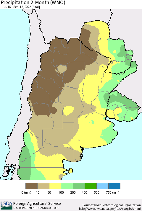 Southern South America Precipitation 2-Month (WMO) Thematic Map For 7/16/2022 - 9/15/2022