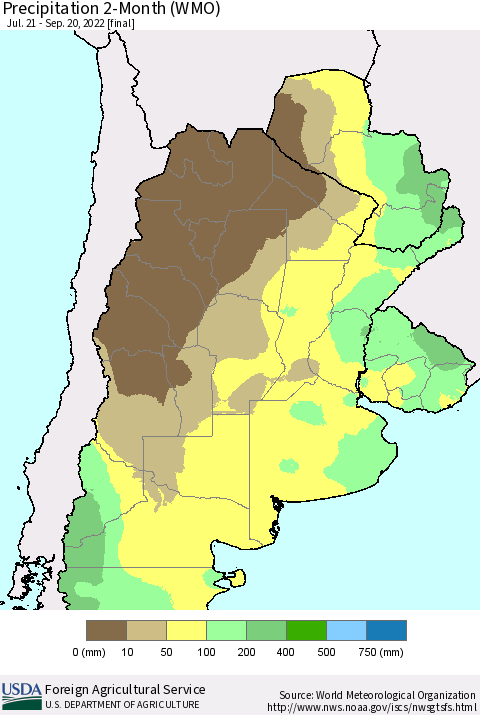 Southern South America Precipitation 2-Month (WMO) Thematic Map For 7/21/2022 - 9/20/2022