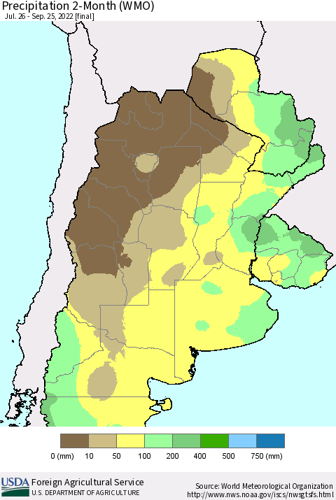 Southern South America Precipitation 2-Month (WMO) Thematic Map For 7/26/2022 - 9/25/2022