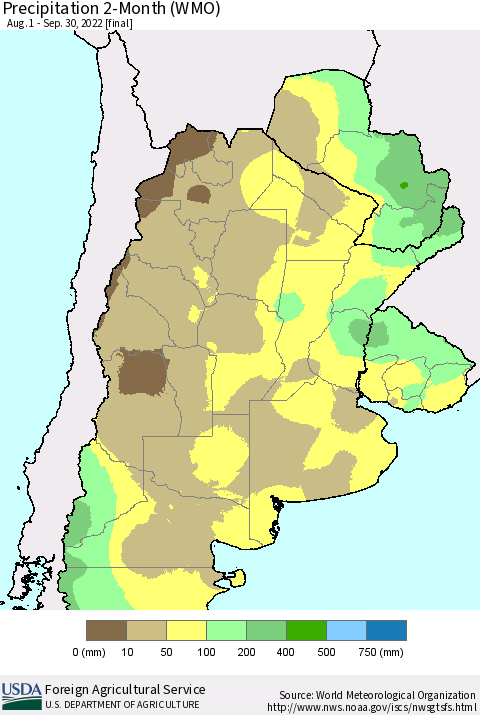 Southern South America Precipitation 2-Month (WMO) Thematic Map For 8/1/2022 - 9/30/2022