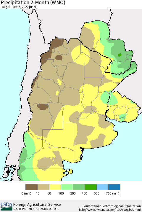 Southern South America Precipitation 2-Month (WMO) Thematic Map For 8/6/2022 - 10/5/2022