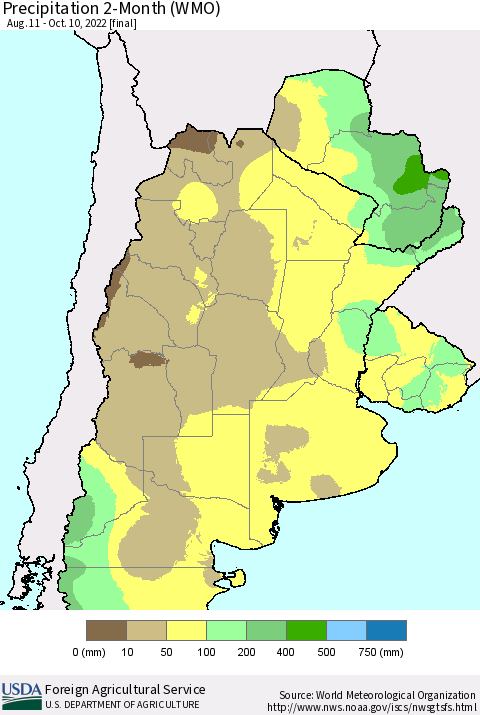 Southern South America Precipitation 2-Month (WMO) Thematic Map For 8/11/2022 - 10/10/2022