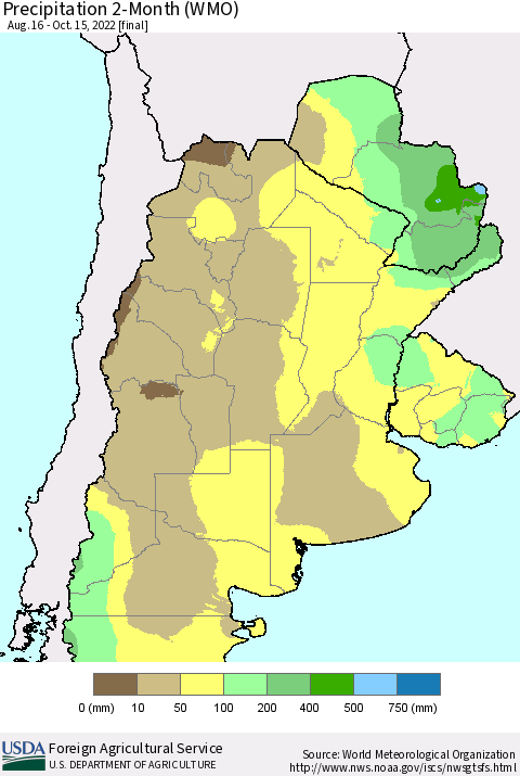 Southern South America Precipitation 2-Month (WMO) Thematic Map For 8/16/2022 - 10/15/2022