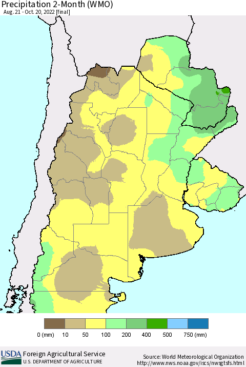 Southern South America Precipitation 2-Month (WMO) Thematic Map For 8/21/2022 - 10/20/2022