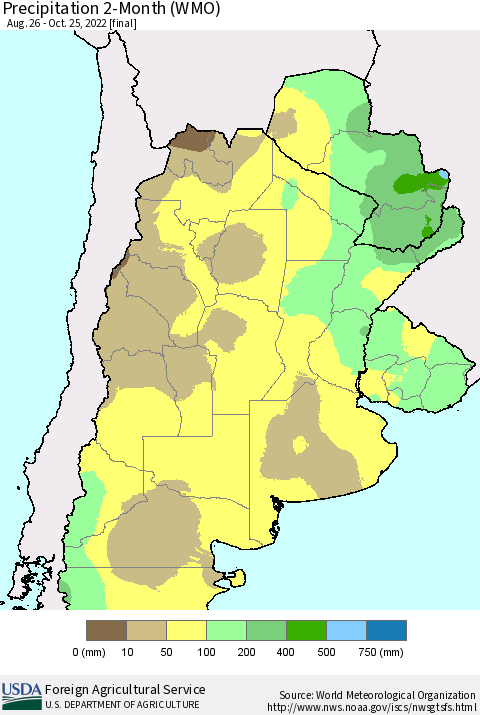 Southern South America Precipitation 2-Month (WMO) Thematic Map For 8/26/2022 - 10/25/2022