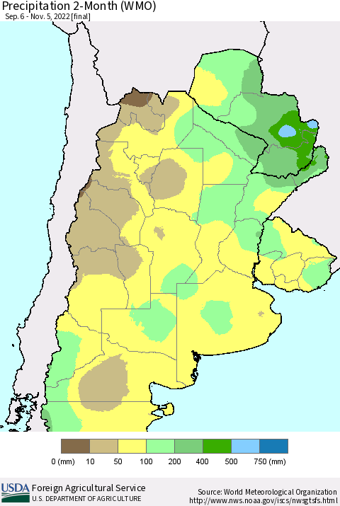 Southern South America Precipitation 2-Month (WMO) Thematic Map For 9/6/2022 - 11/5/2022