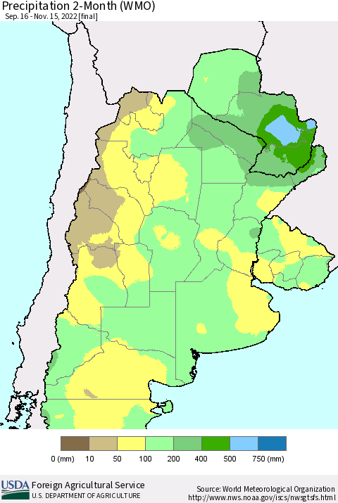 Southern South America Precipitation 2-Month (WMO) Thematic Map For 9/16/2022 - 11/15/2022