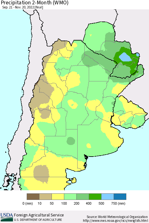 Southern South America Precipitation 2-Month (WMO) Thematic Map For 9/21/2022 - 11/20/2022
