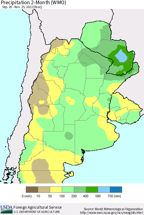 Southern South America Precipitation 2-Month (WMO) Thematic Map For 9/26/2022 - 11/25/2022