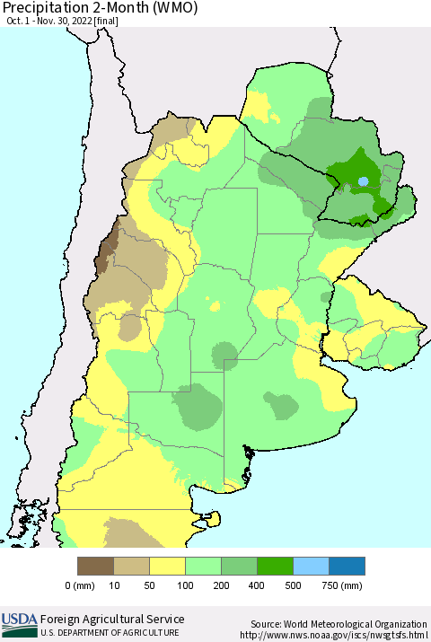 Southern South America Precipitation 2-Month (WMO) Thematic Map For 10/1/2022 - 11/30/2022
