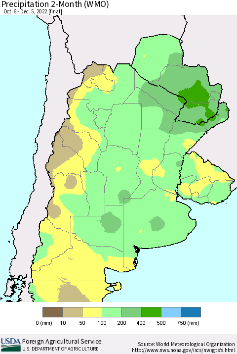 Southern South America Precipitation 2-Month (WMO) Thematic Map For 10/6/2022 - 12/5/2022