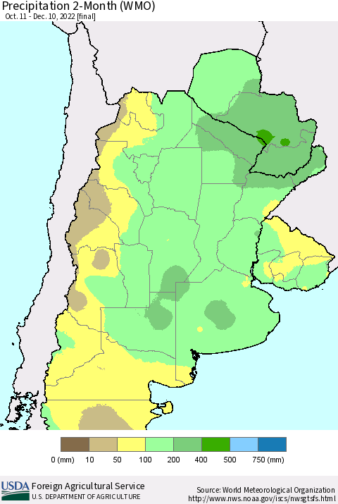Southern South America Precipitation 2-Month (WMO) Thematic Map For 10/11/2022 - 12/10/2022