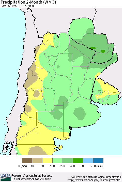 Southern South America Precipitation 2-Month (WMO) Thematic Map For 10/16/2022 - 12/15/2022