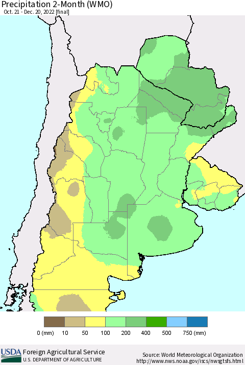 Southern South America Precipitation 2-Month (WMO) Thematic Map For 10/21/2022 - 12/20/2022