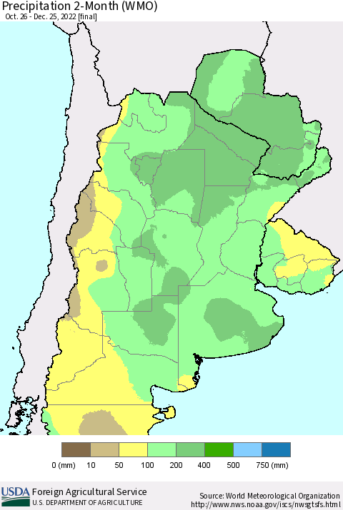 Southern South America Precipitation 2-Month (WMO) Thematic Map For 10/26/2022 - 12/25/2022