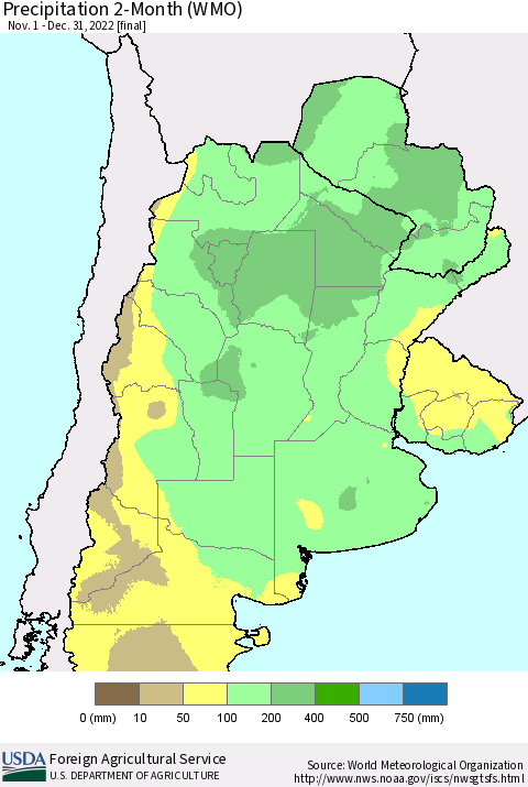 Southern South America Precipitation 2-Month (WMO) Thematic Map For 11/1/2022 - 12/31/2022