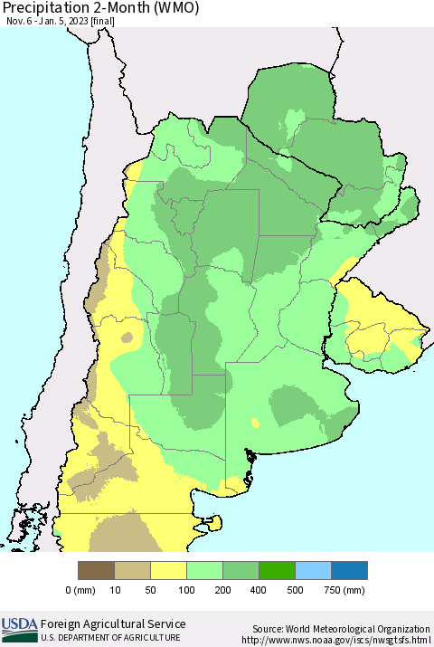 Southern South America Precipitation 2-Month (WMO) Thematic Map For 11/6/2022 - 1/5/2023