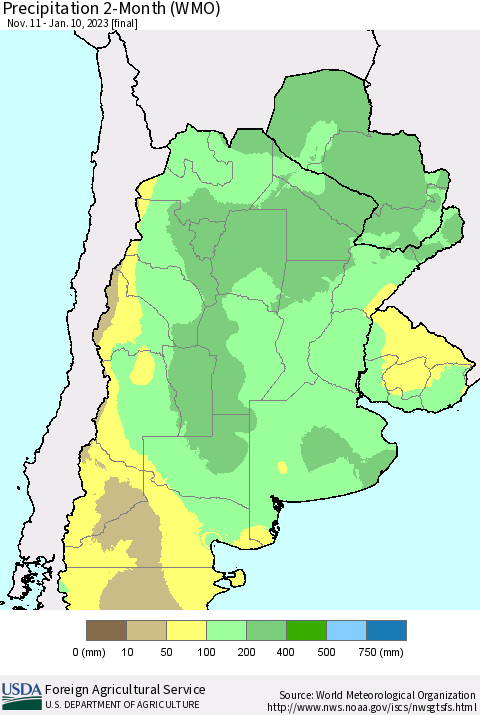 Southern South America Precipitation 2-Month (WMO) Thematic Map For 11/11/2022 - 1/10/2023