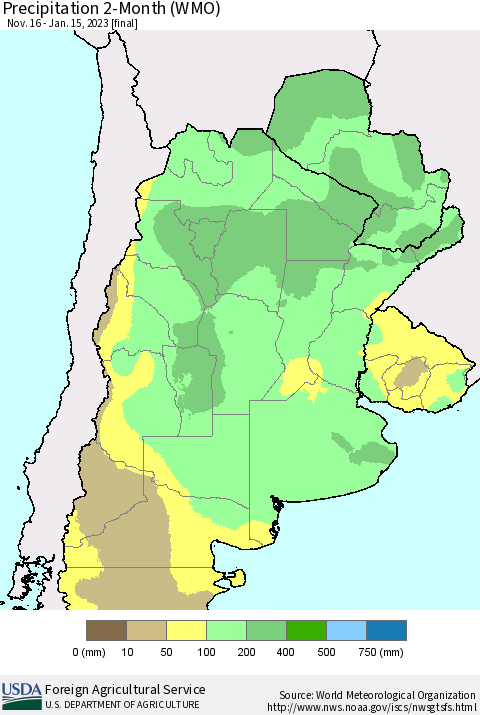 Southern South America Precipitation 2-Month (WMO) Thematic Map For 11/16/2022 - 1/15/2023