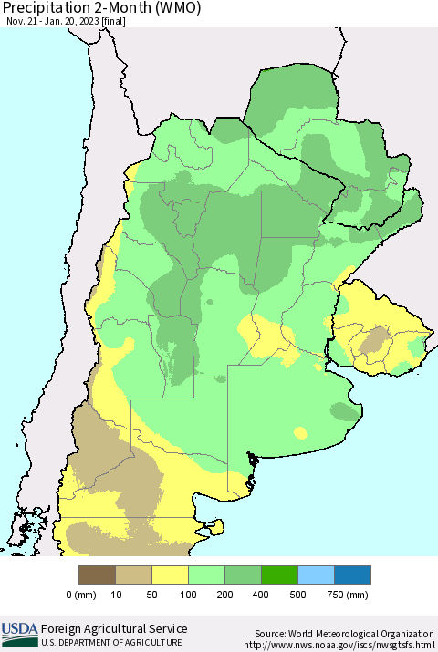 Southern South America Precipitation 2-Month (WMO) Thematic Map For 11/21/2022 - 1/20/2023