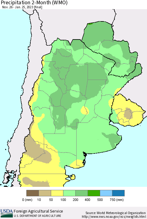 Southern South America Precipitation 2-Month (WMO) Thematic Map For 11/26/2022 - 1/25/2023