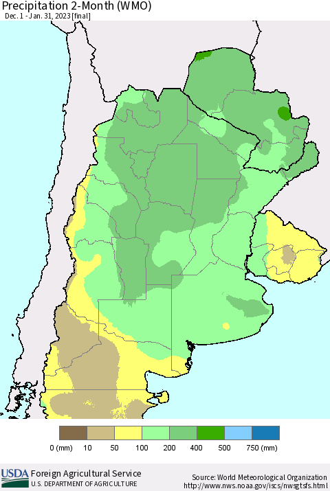 Southern South America Precipitation 2-Month (WMO) Thematic Map For 12/1/2022 - 1/31/2023