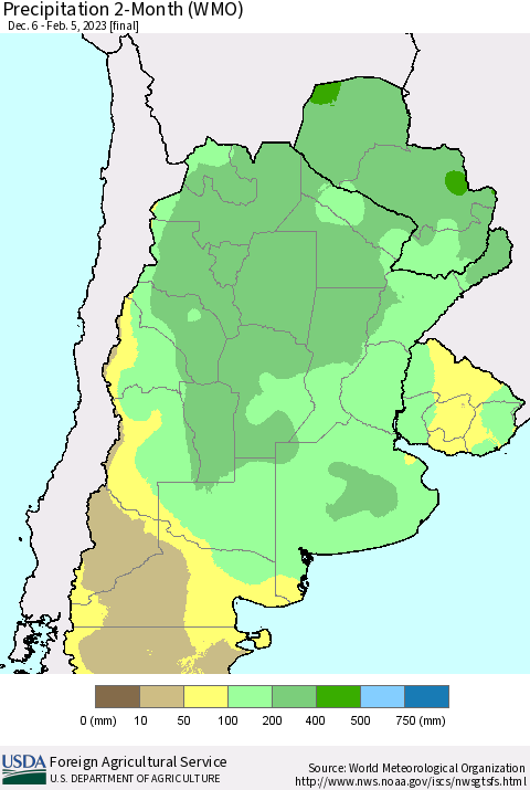 Southern South America Precipitation 2-Month (WMO) Thematic Map For 12/6/2022 - 2/5/2023