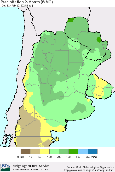 Southern South America Precipitation 2-Month (WMO) Thematic Map For 12/11/2022 - 2/10/2023