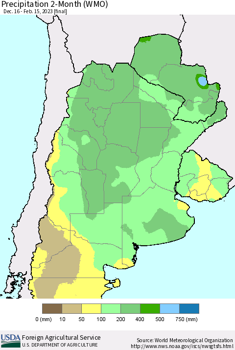 Southern South America Precipitation 2-Month (WMO) Thematic Map For 12/16/2022 - 2/15/2023