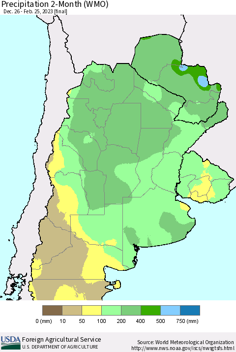 Southern South America Precipitation 2-Month (WMO) Thematic Map For 12/26/2022 - 2/25/2023
