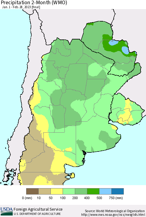 Southern South America Precipitation 2-Month (WMO) Thematic Map For 1/1/2023 - 2/28/2023